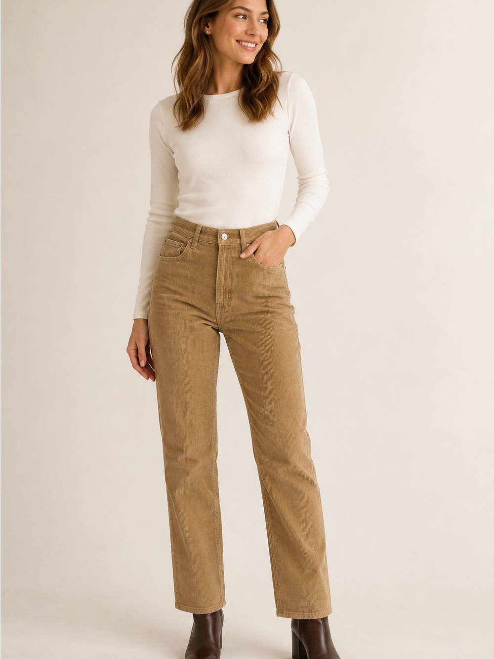Aritzia Denim Forum Arlo High Rise Straight Corduroy Pants Tan 25 28L